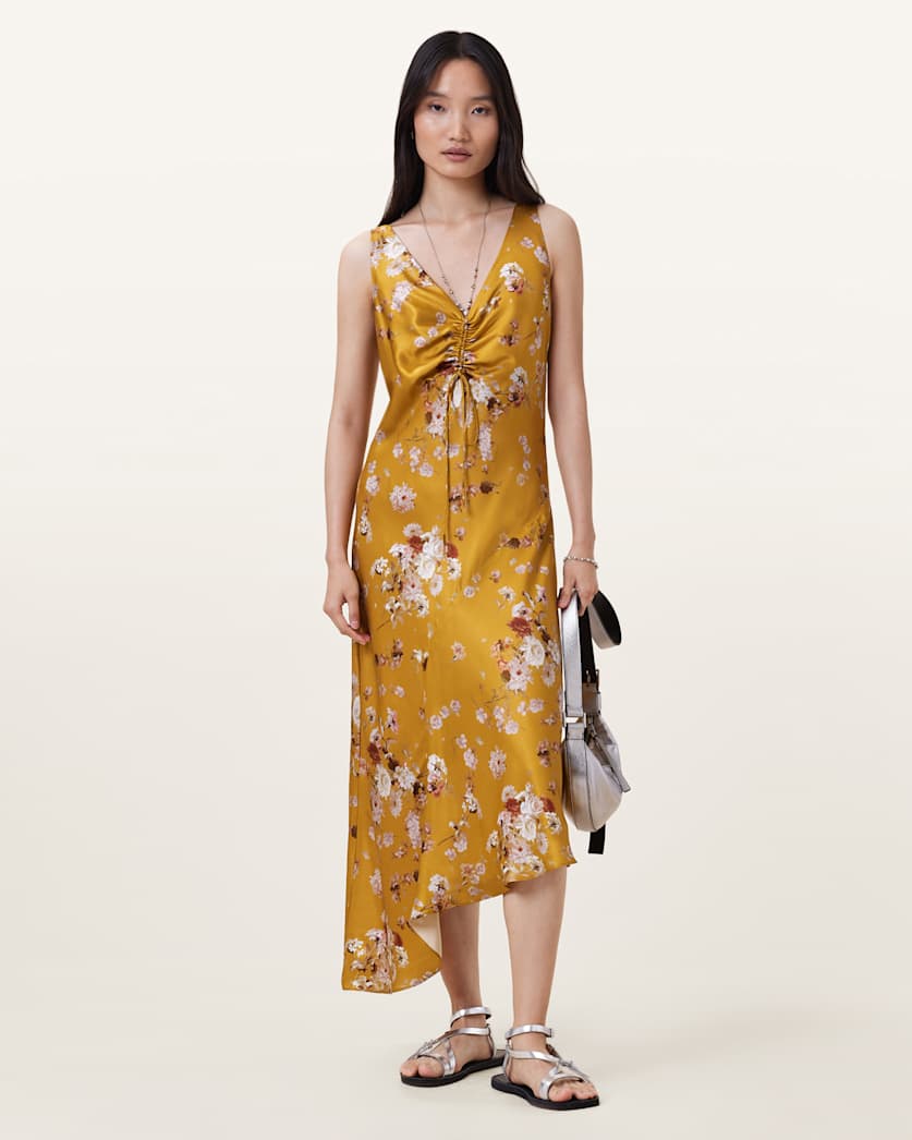 all saints Alexia V-Neck Drawstring Midi Slip Dress ARMADA DEEP YELLOW