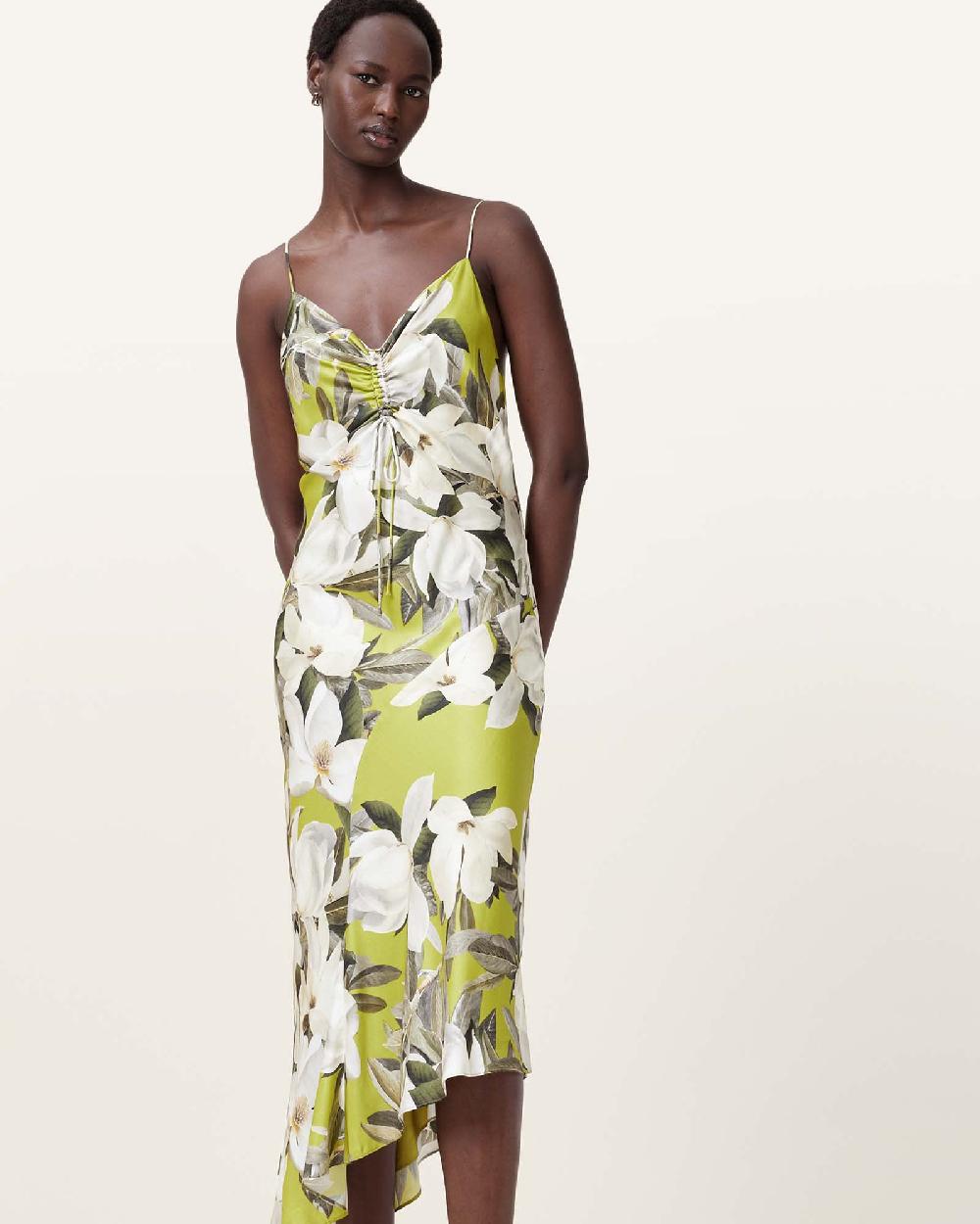 All Saints Alexia V-Neck Drawstring Midi Slip Dress Revive Stem Green
