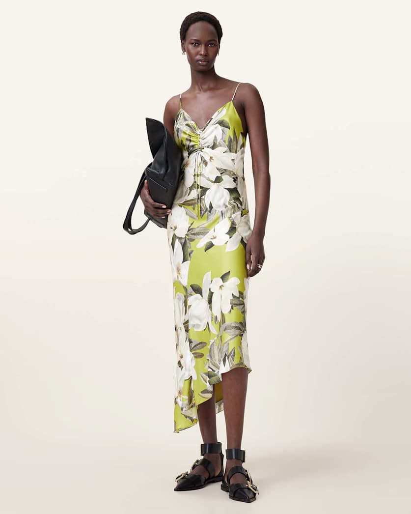 all saints Alexia V-Neck Drawstring Midi Slip Dress Revive Stem Green