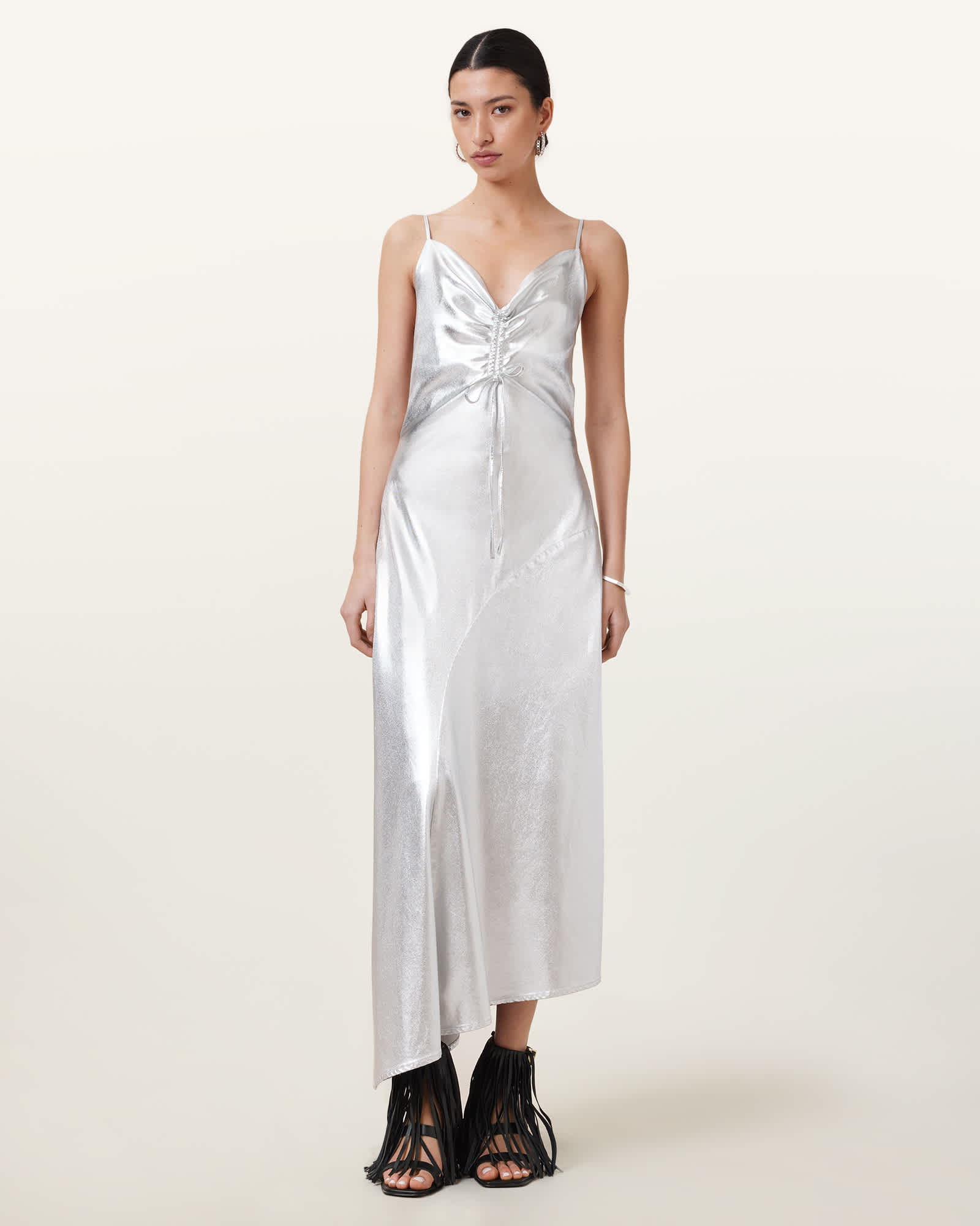 All Saints Alexia V-Neck Metallic Midi Slip Dress Metallic Silver