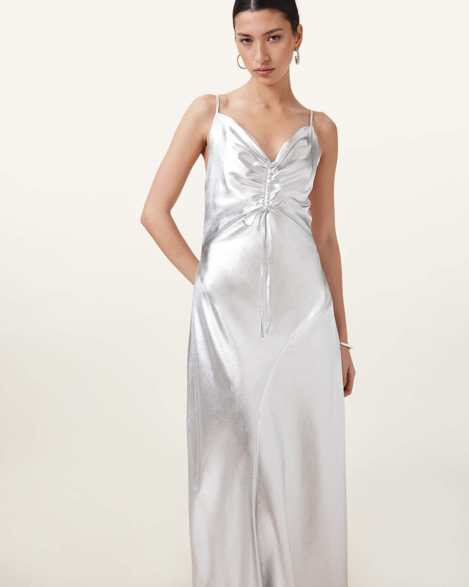 All Saints Alexia V-Neck Metallic Midi Slip Dress Metallic Silver