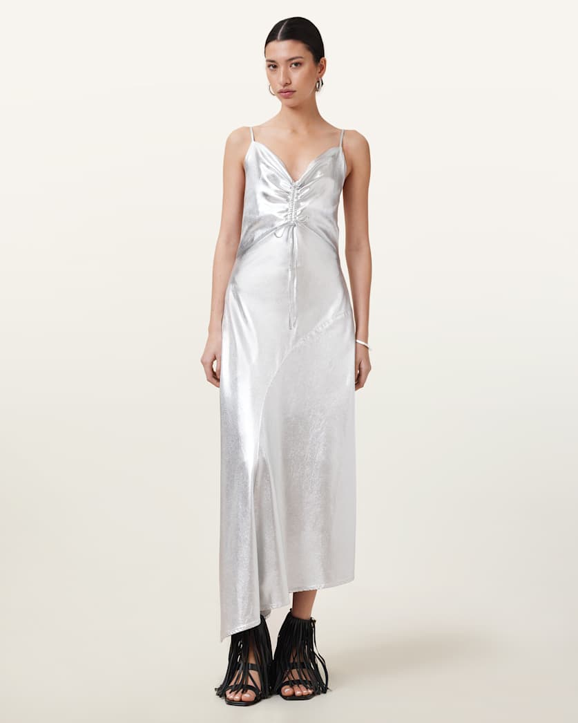 all saints Alexia V-Neck Metallic Midi Slip Dress Metallic Silver