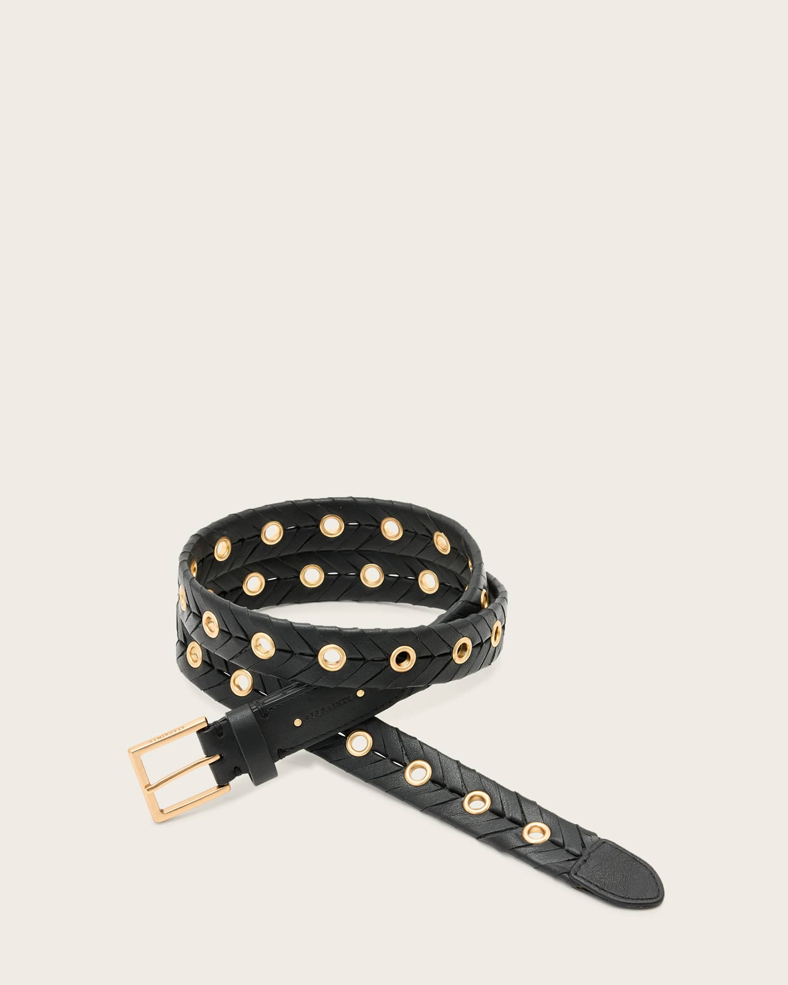 All Saints Alice Eyelet Woven Leather Belt BLACK/WARM BRASS