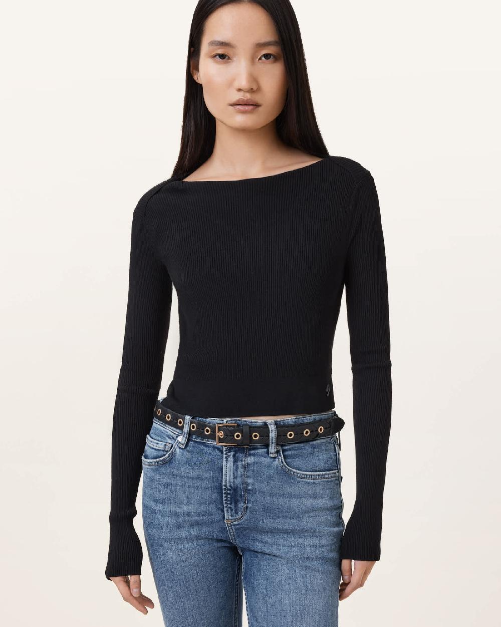 All Saints Alice Eyelet Woven Leather Belt BLACK/WARM BRASS