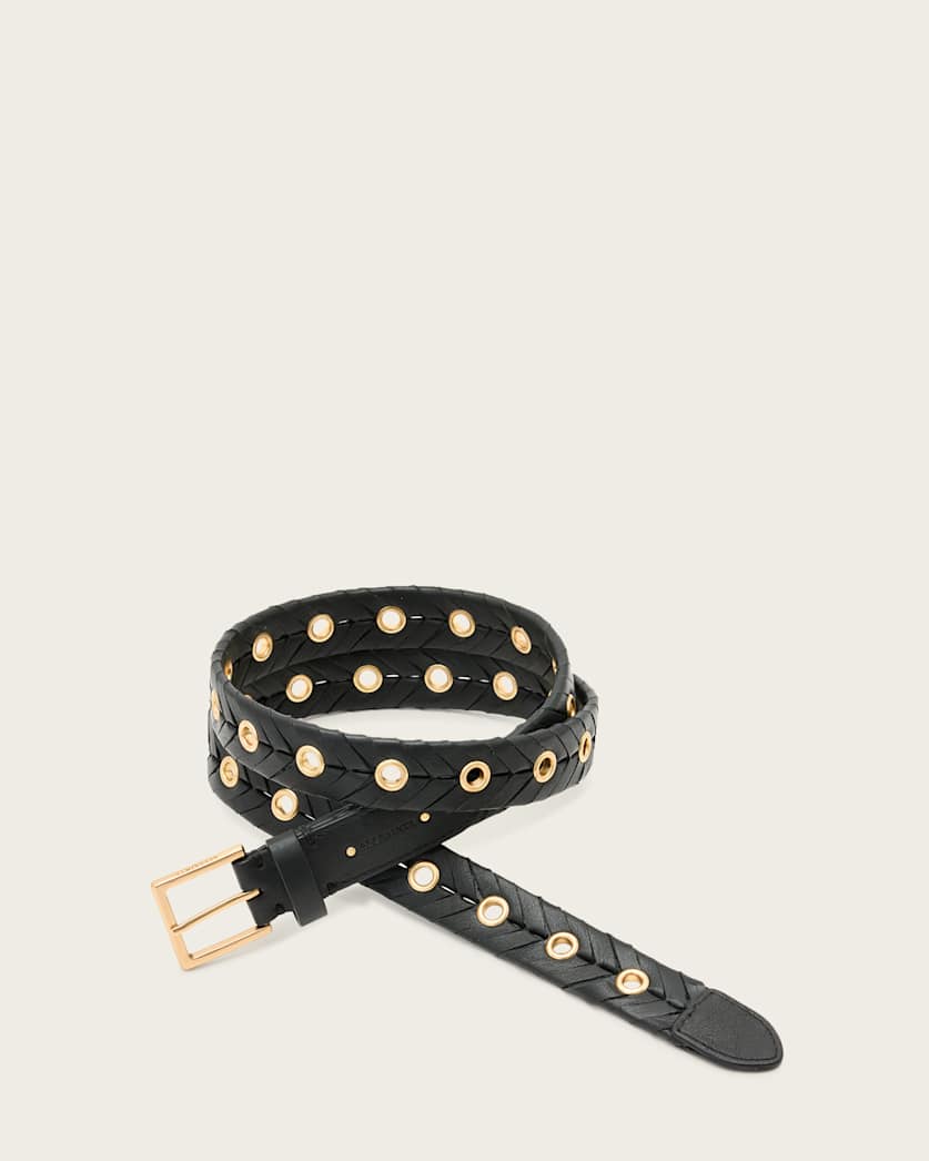 all saints Alice Eyelet Woven Leather Belt BLACK/WARM BRASS