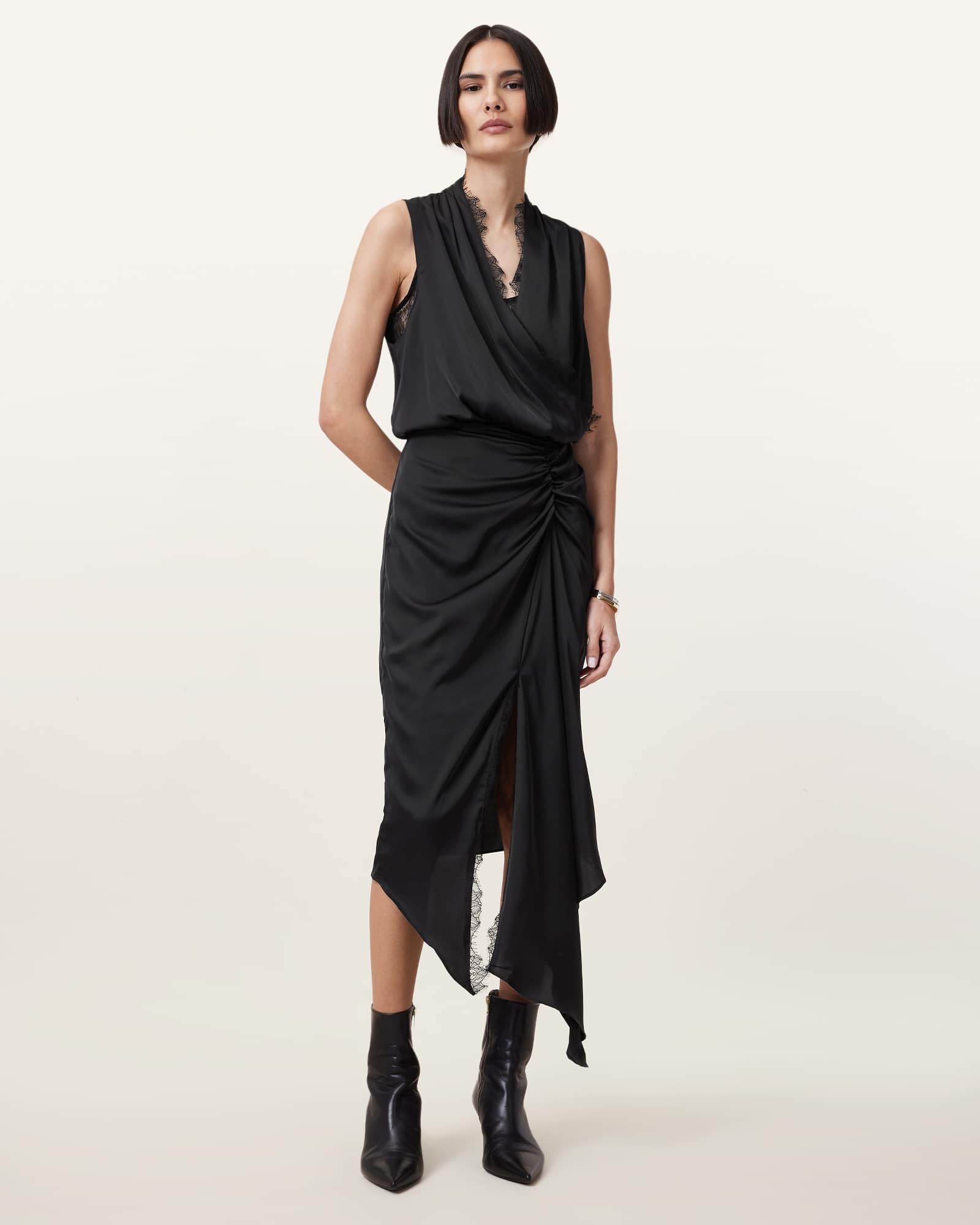 All Saints Abi Lace Trim Draped Midi Dress Black