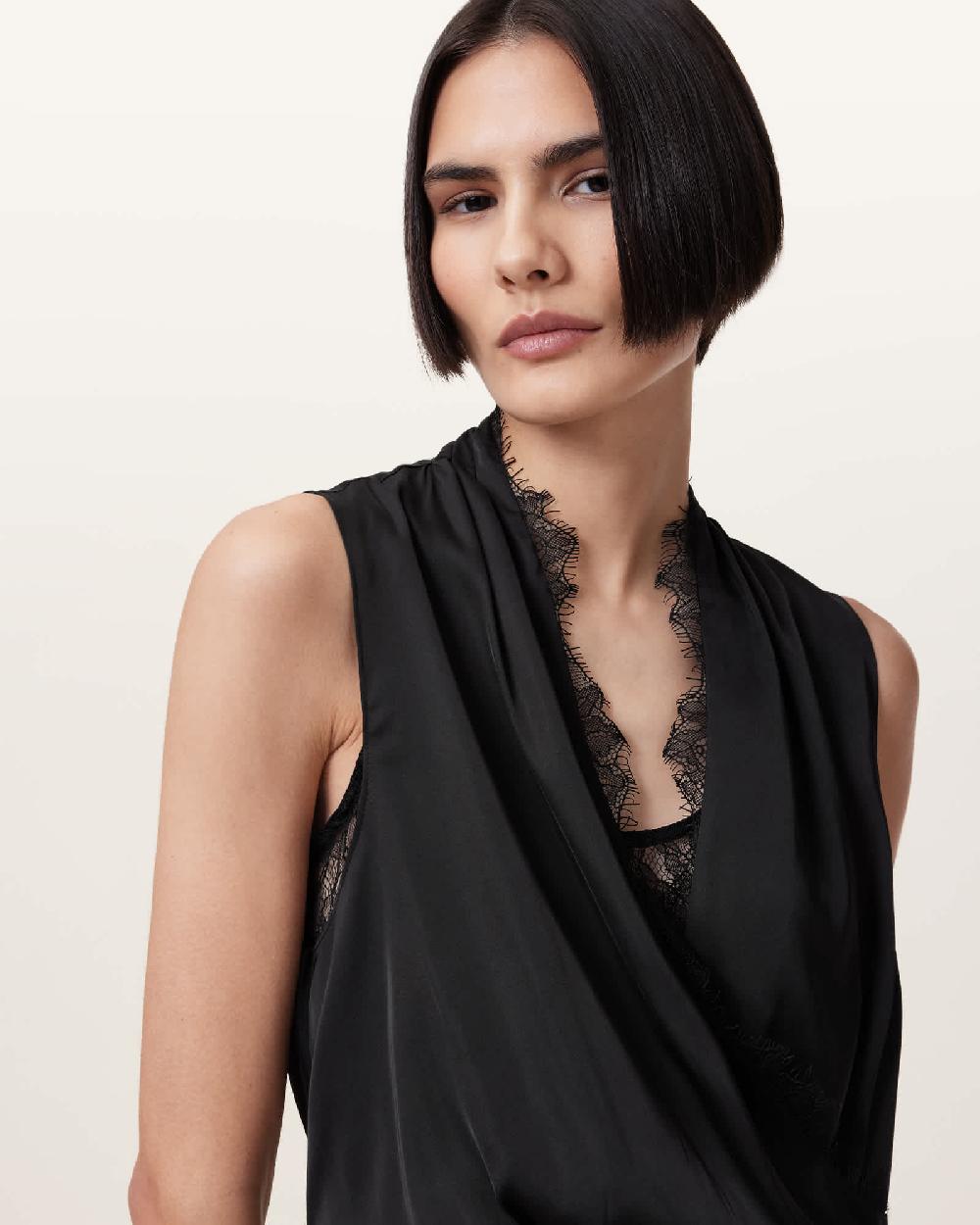 All Saints Abi Lace Trim Draped Midi Dress Black