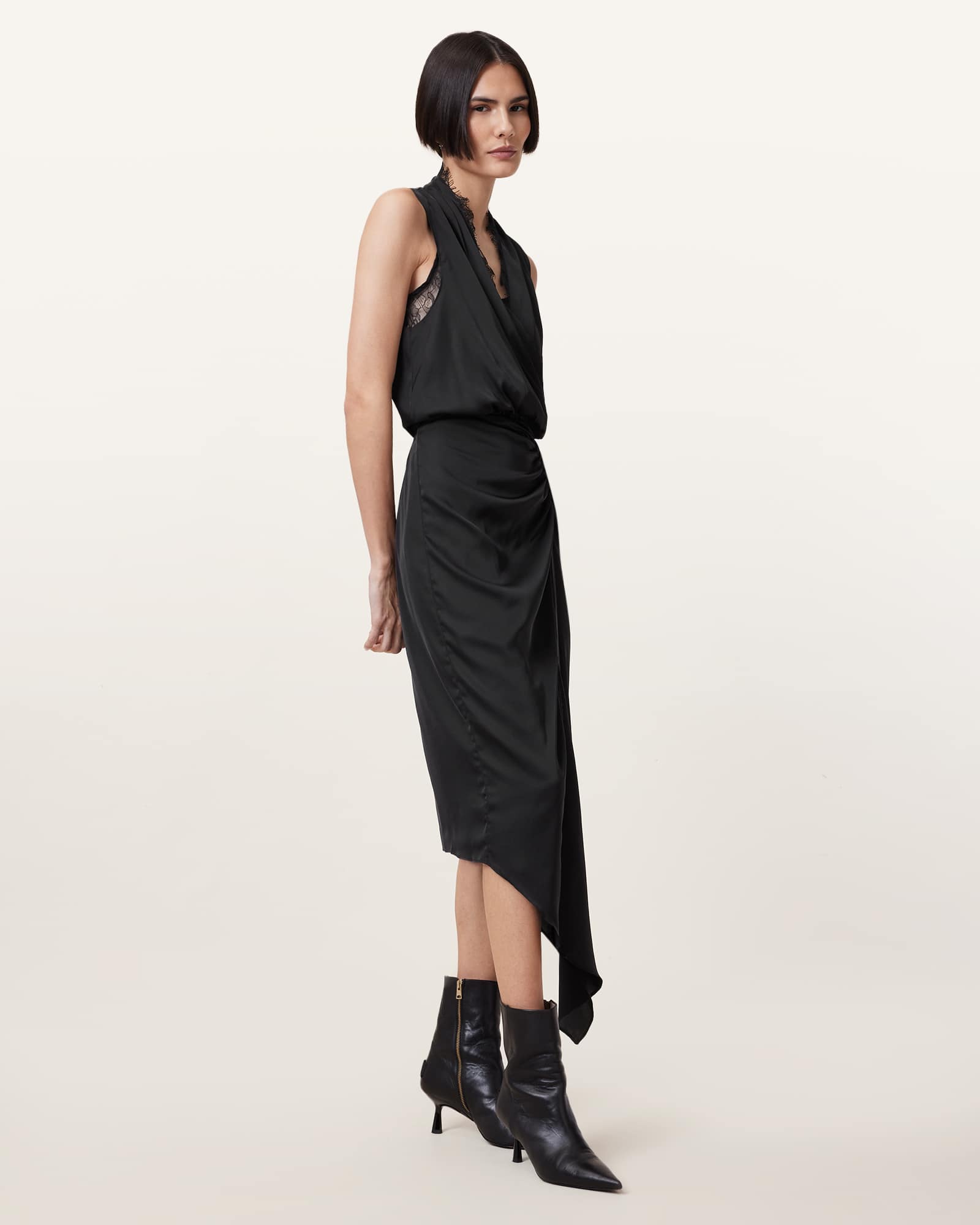 All Saints Abi Lace Trim Draped Midi Dress Black