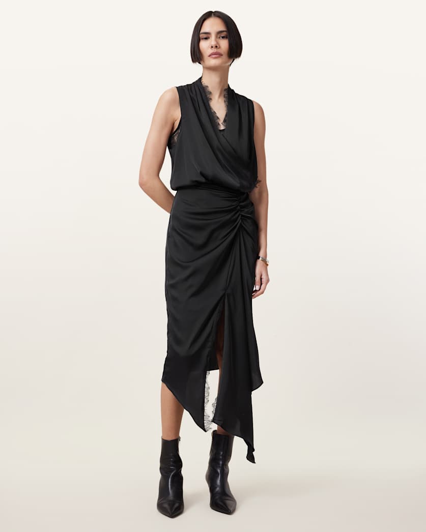 all saints Abi Lace Trim Draped Midi Dress Black