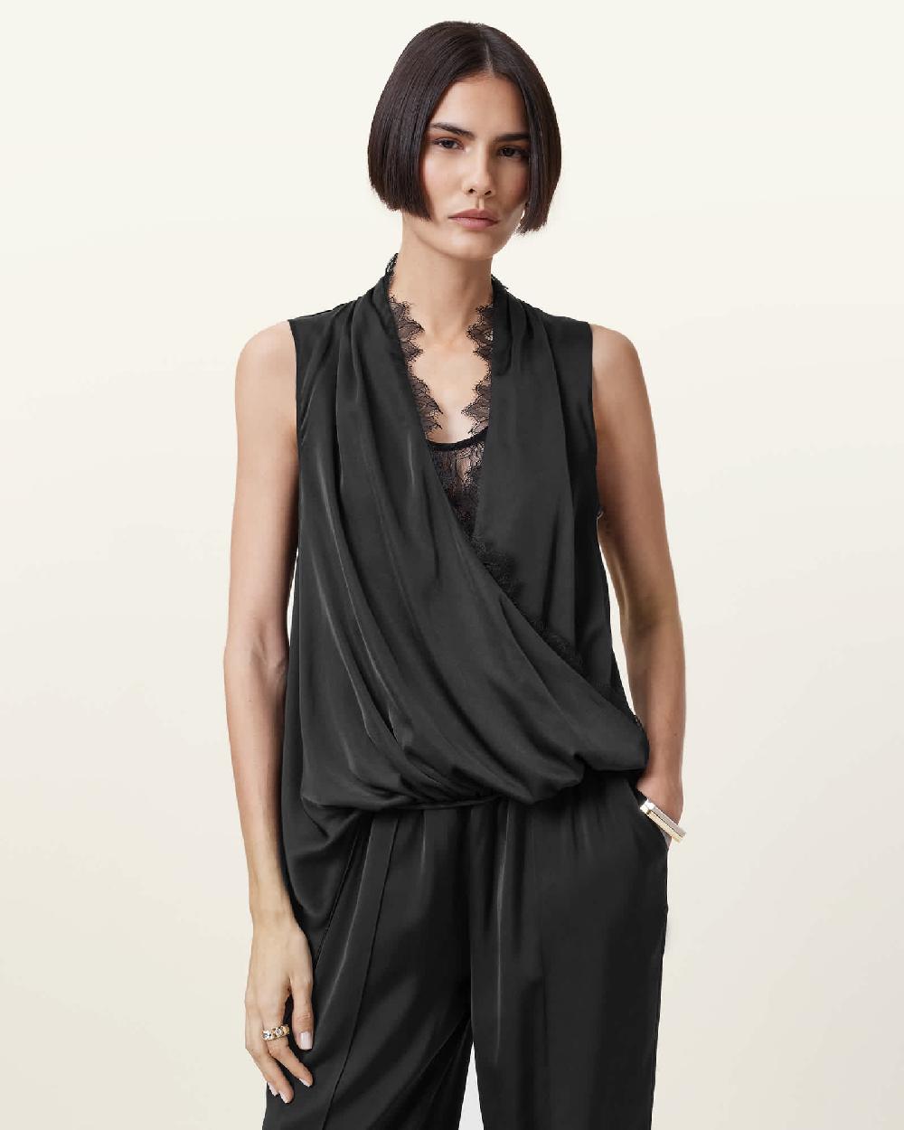 All Saints Abi Lace Trim Draped Top Black
