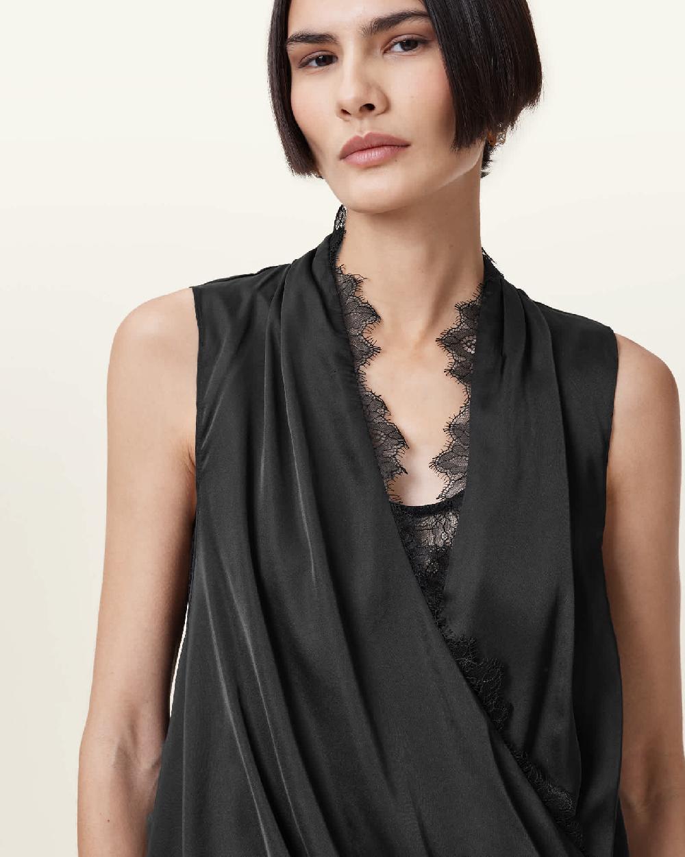 All Saints Abi Lace Trim Draped Top Black