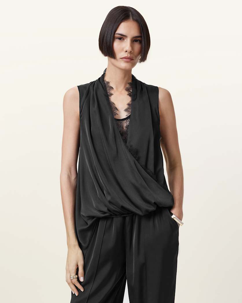all saints Abi Lace Trim Draped Top Black