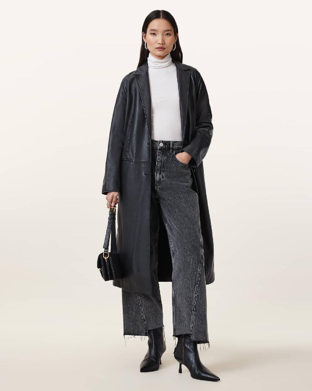 All Saints Aire Long Line Leather Coat Black