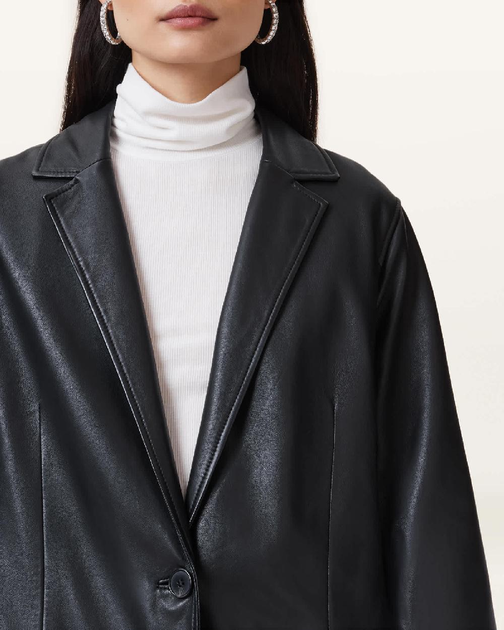 All Saints Aire Long Line Leather Coat Black