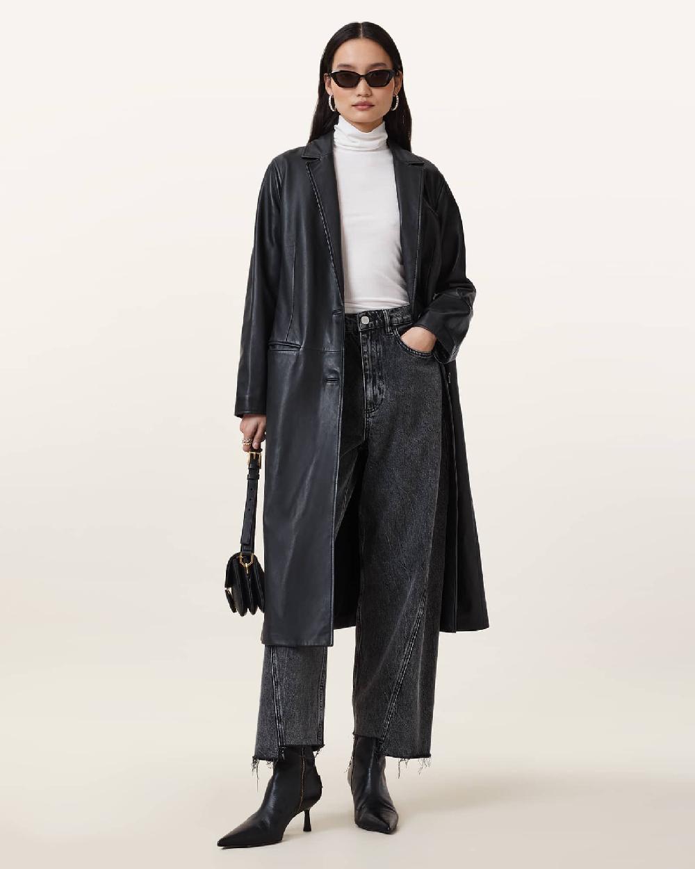 All Saints Aire Long Line Leather Coat Black