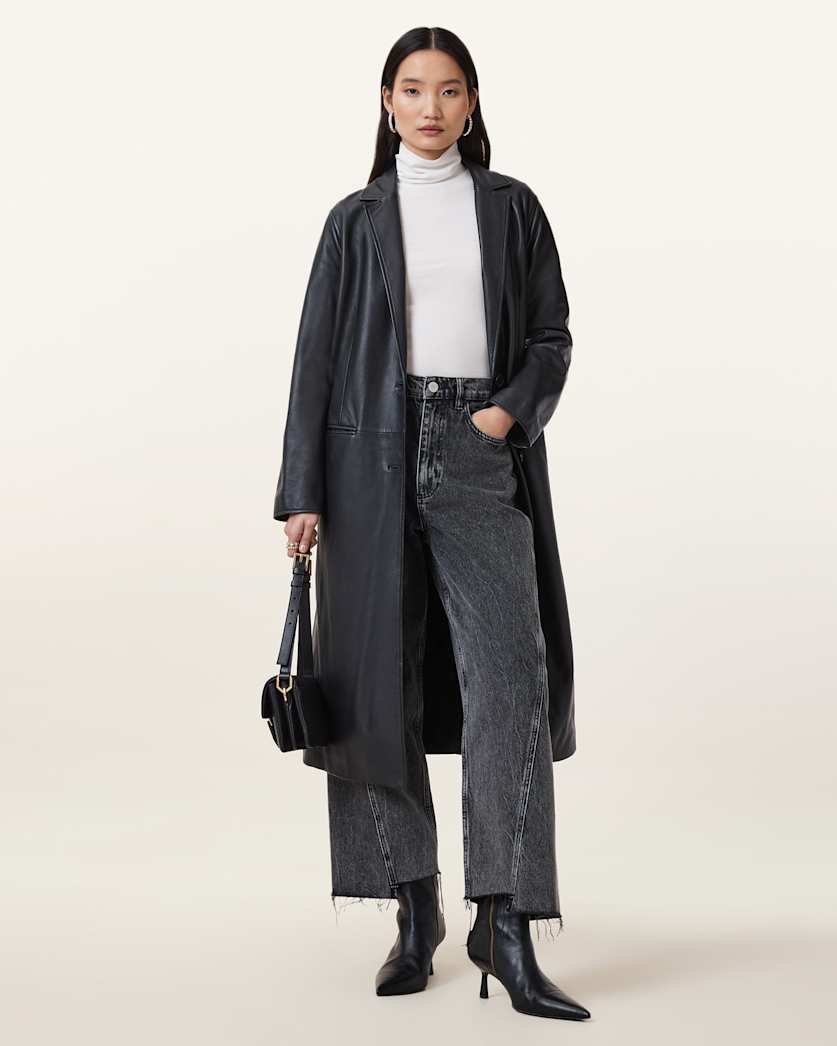 all saints Aire Long Line Leather Coat Black