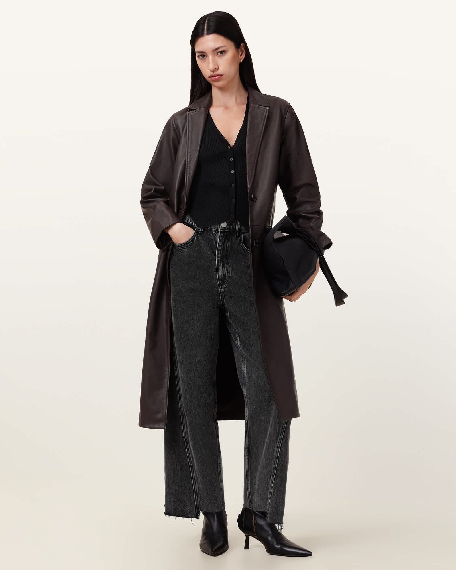 All Saints Aire Long Line Leather Coat Oxblood Red