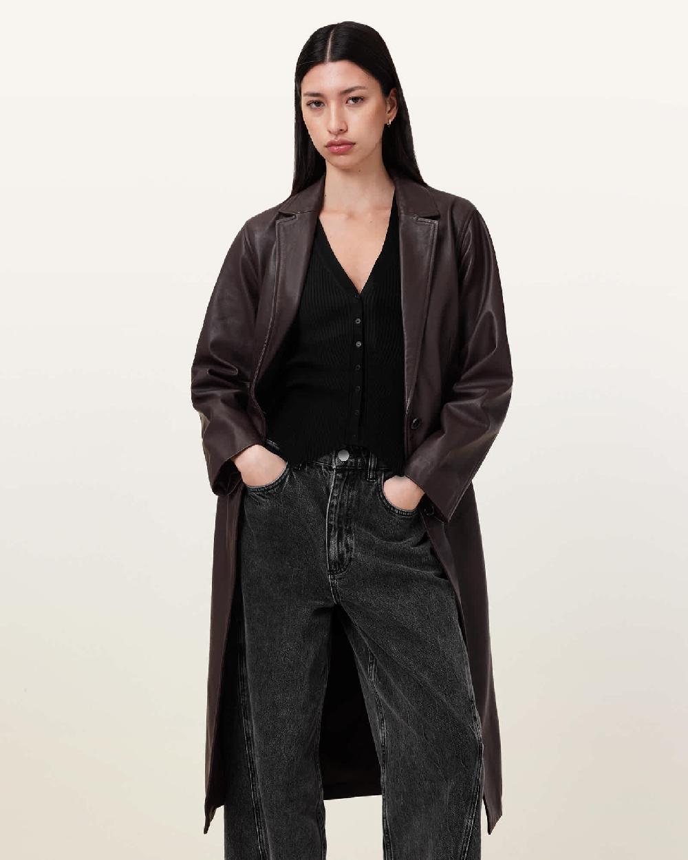 All Saints Aire Long Line Leather Coat Oxblood Red