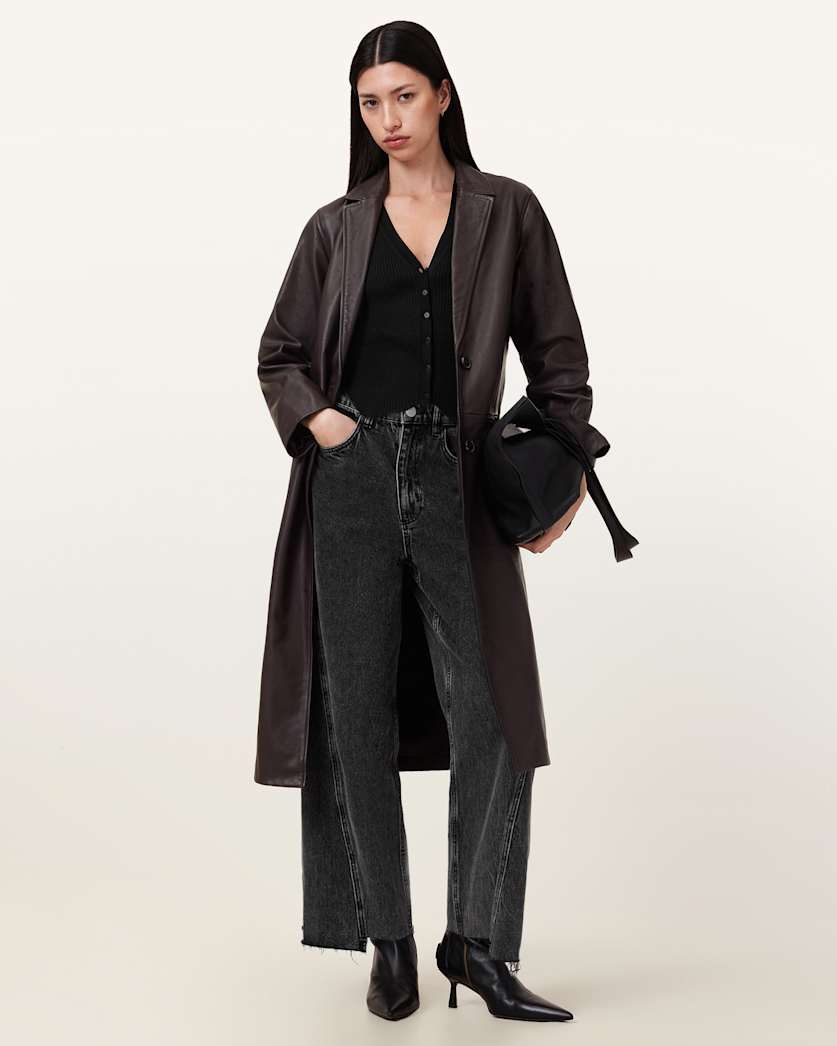 all saints Aire Long Line Leather Coat Oxblood Red