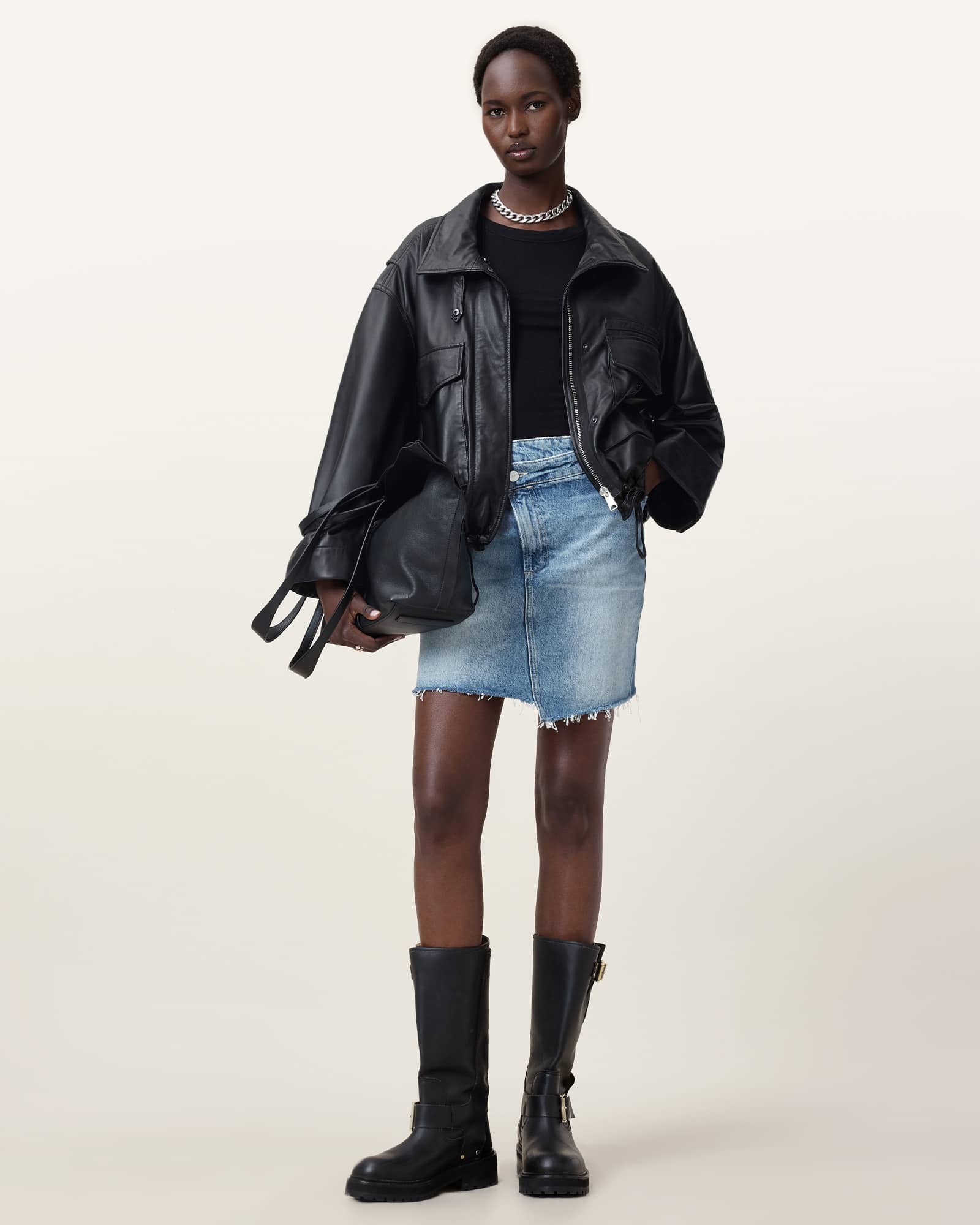 All Saints Aki Crossover Denim Skirt Light Indigo