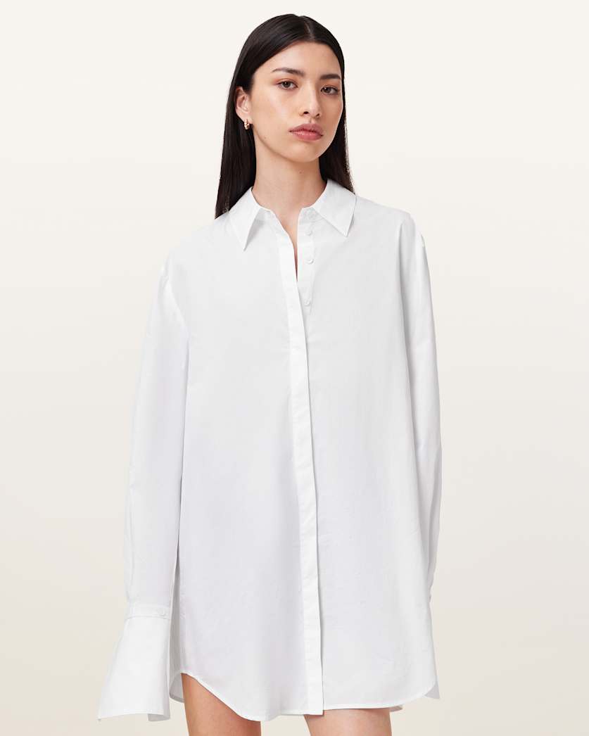 all saints Alber Long Sleeve Shirt Dress White