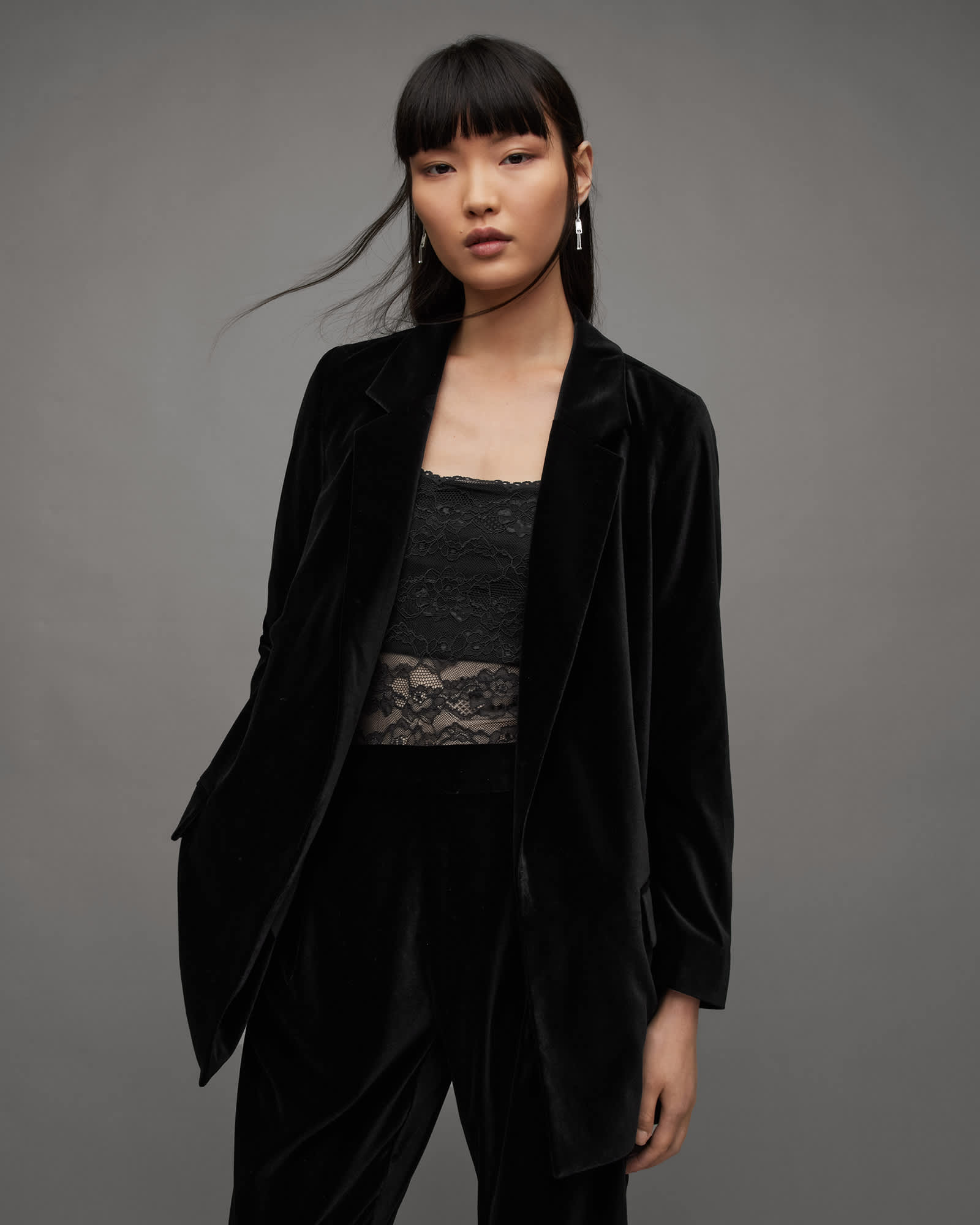 All Saints Aleida Velvet Open Front Blazer Black