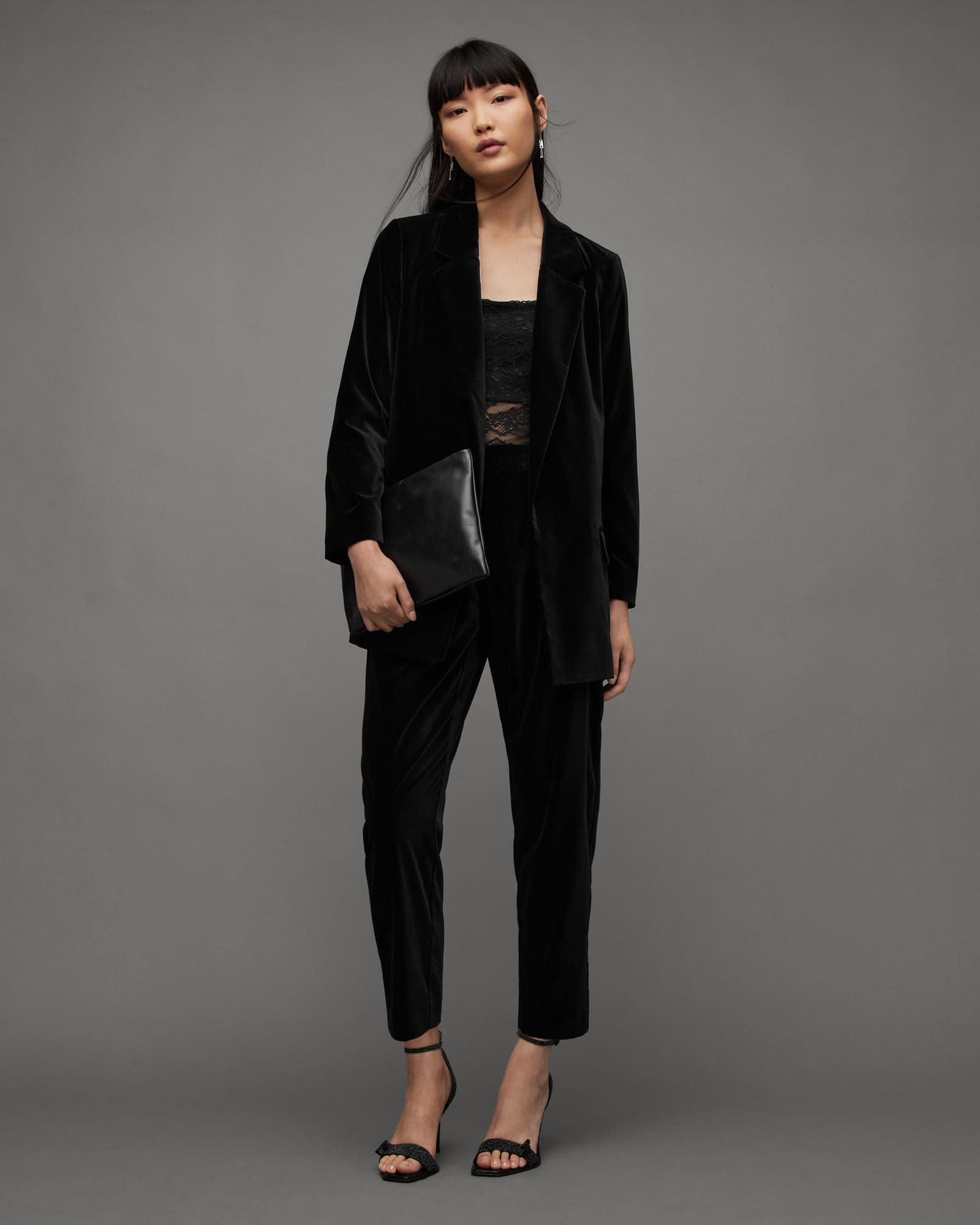 All Saints Aleida Velvet Open Front Blazer Black