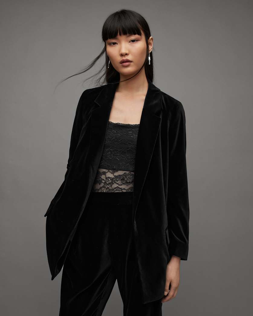 All Saints Aleida Velvet Open Front Blazer Black