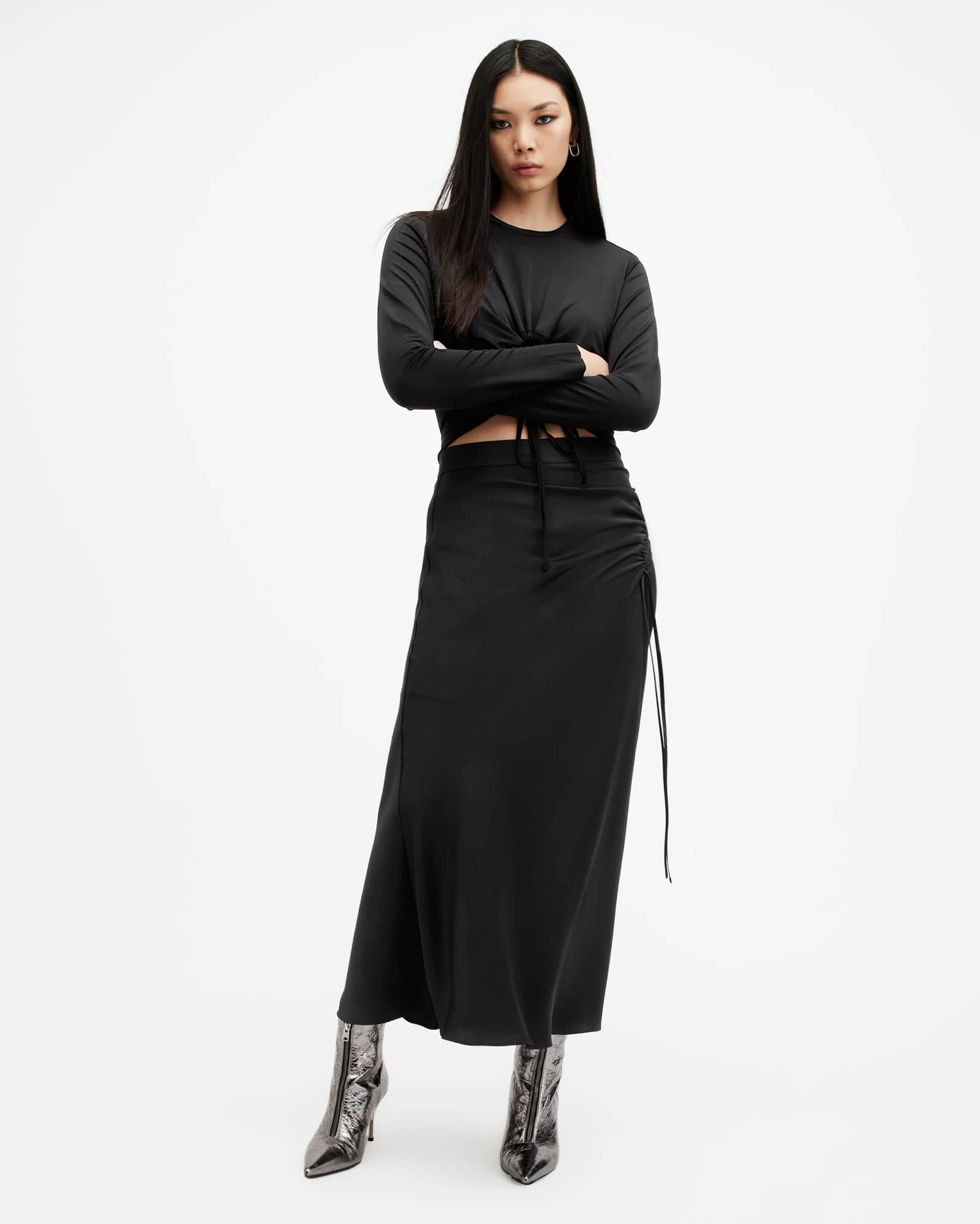 All Saints Alexia Gathered Maxi Skirt Black