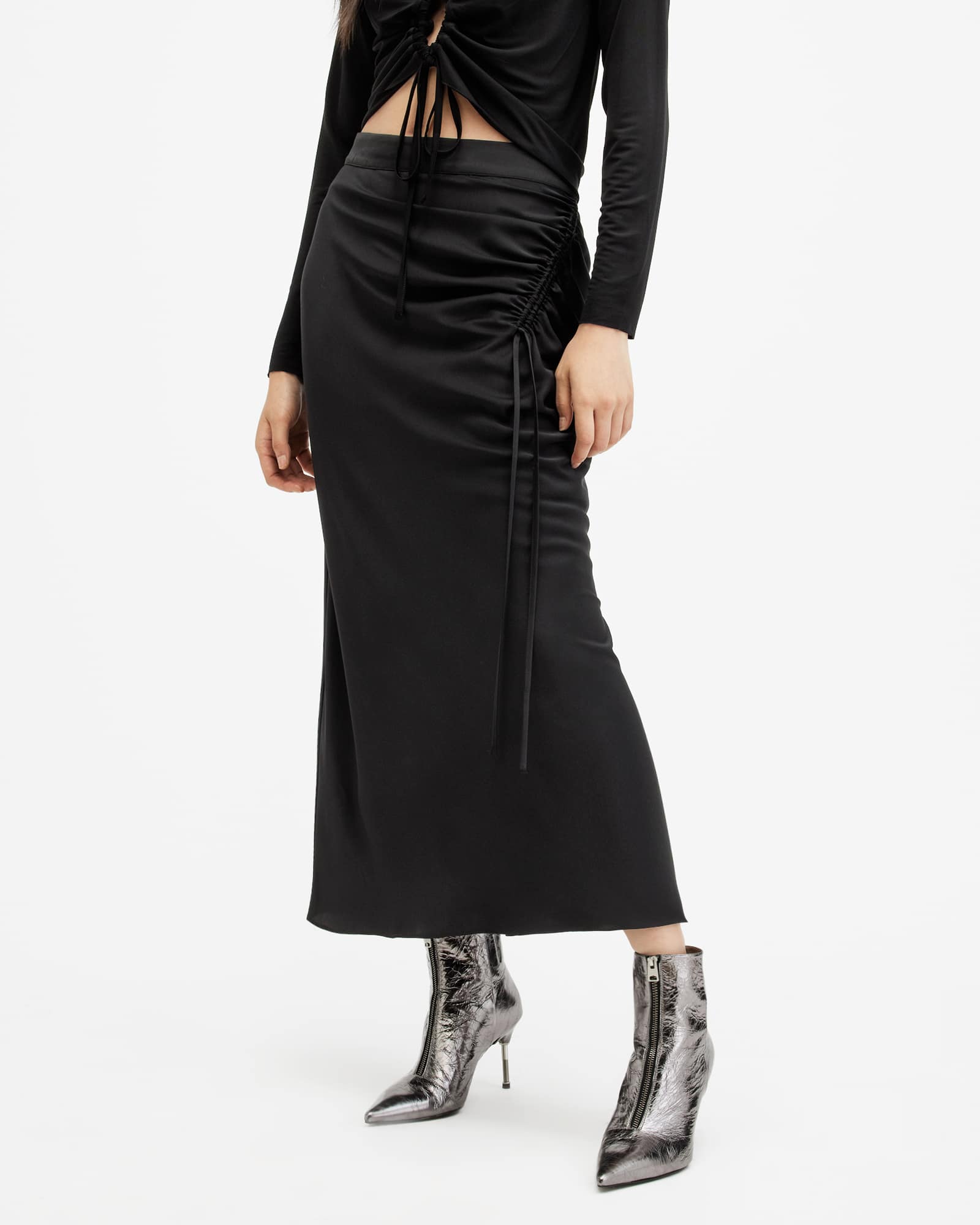 All Saints Alexia Gathered Maxi Skirt Black