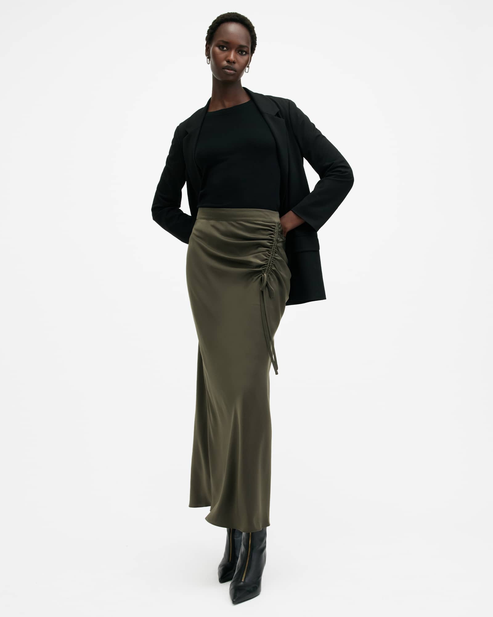 All Saints Alexia Gathered Maxi Skirt Tarmac Green