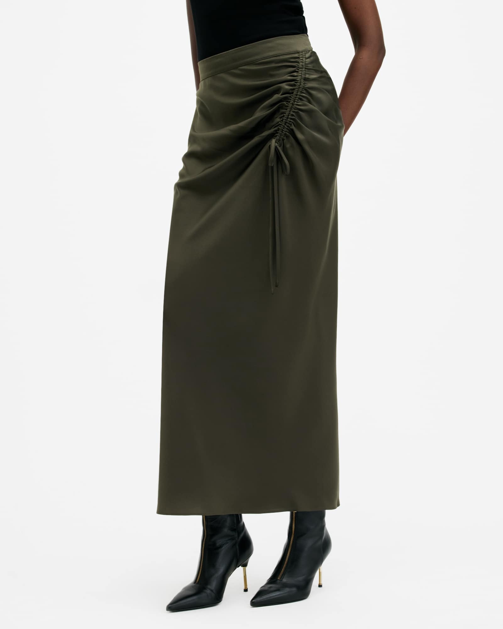 All Saints Alexia Gathered Maxi Skirt Tarmac Green