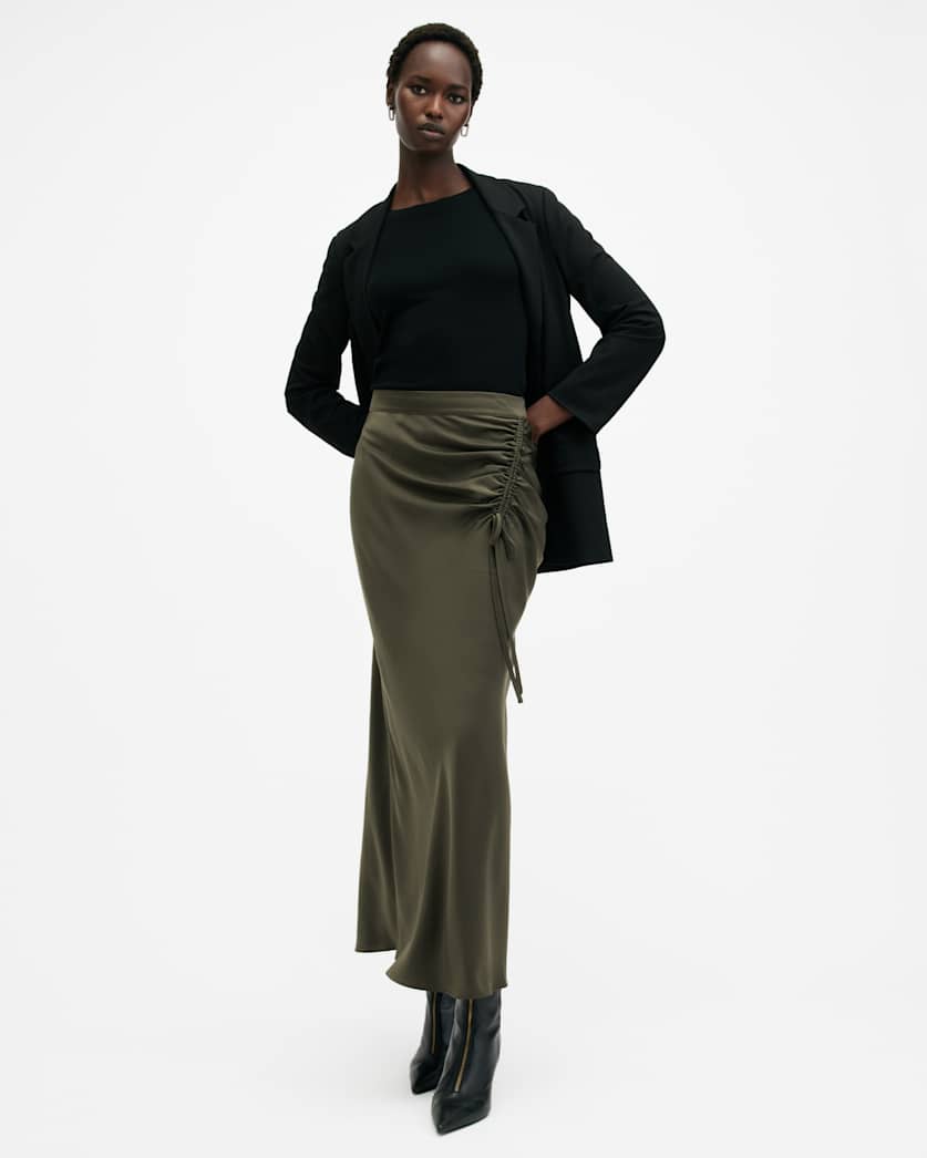 all saints Alexia Gathered Maxi Skirt Tarmac Green