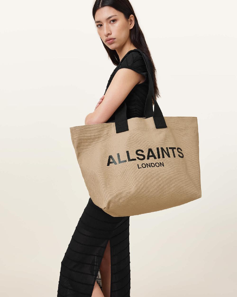 All Saints Ali Logo Canvas Tote Bag Mink Brown
