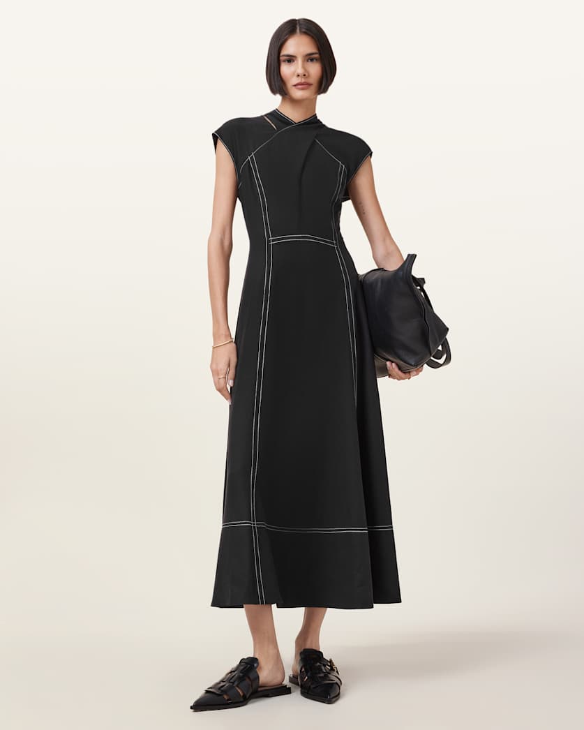 all saints Amari High-Neck Midi Dress Black