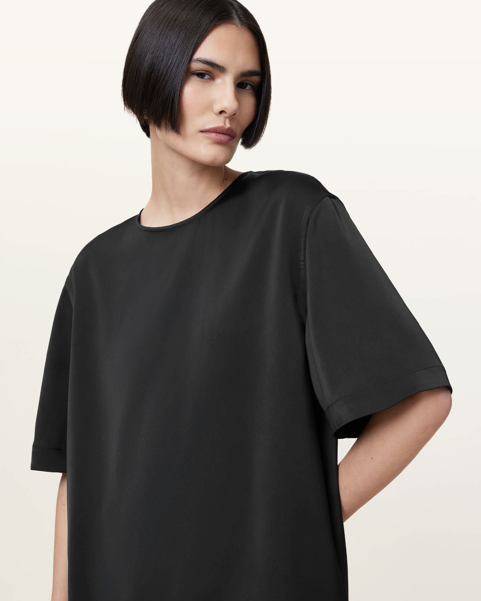 All Saints Amelie Satin Relaxed Fit T-Shirt Black