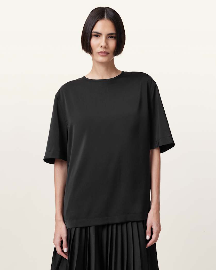 all saints Amelie Satin Relaxed Fit T-Shirt Black