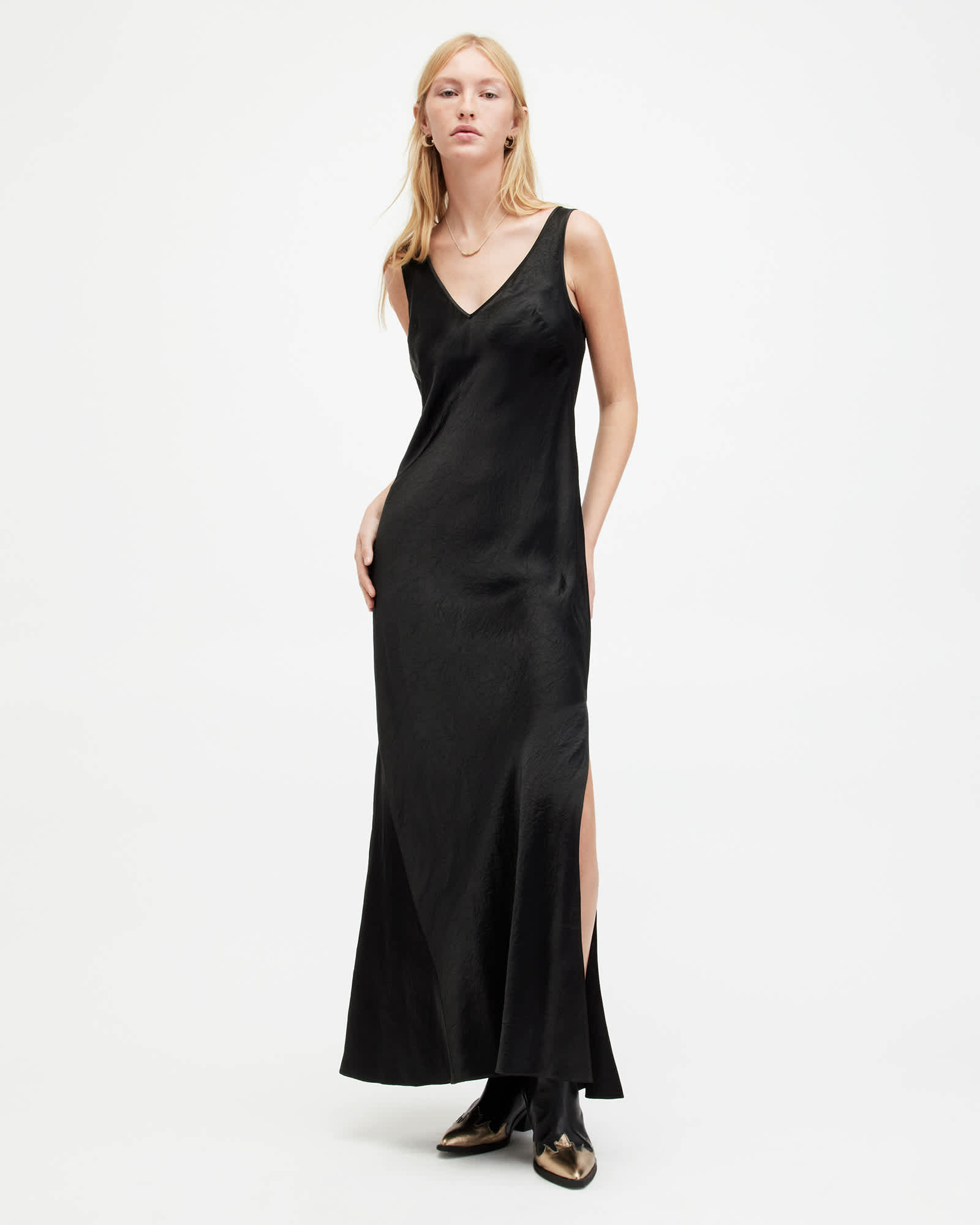 All Saints Amos 2-In-1 Satin Maxi Dress Black