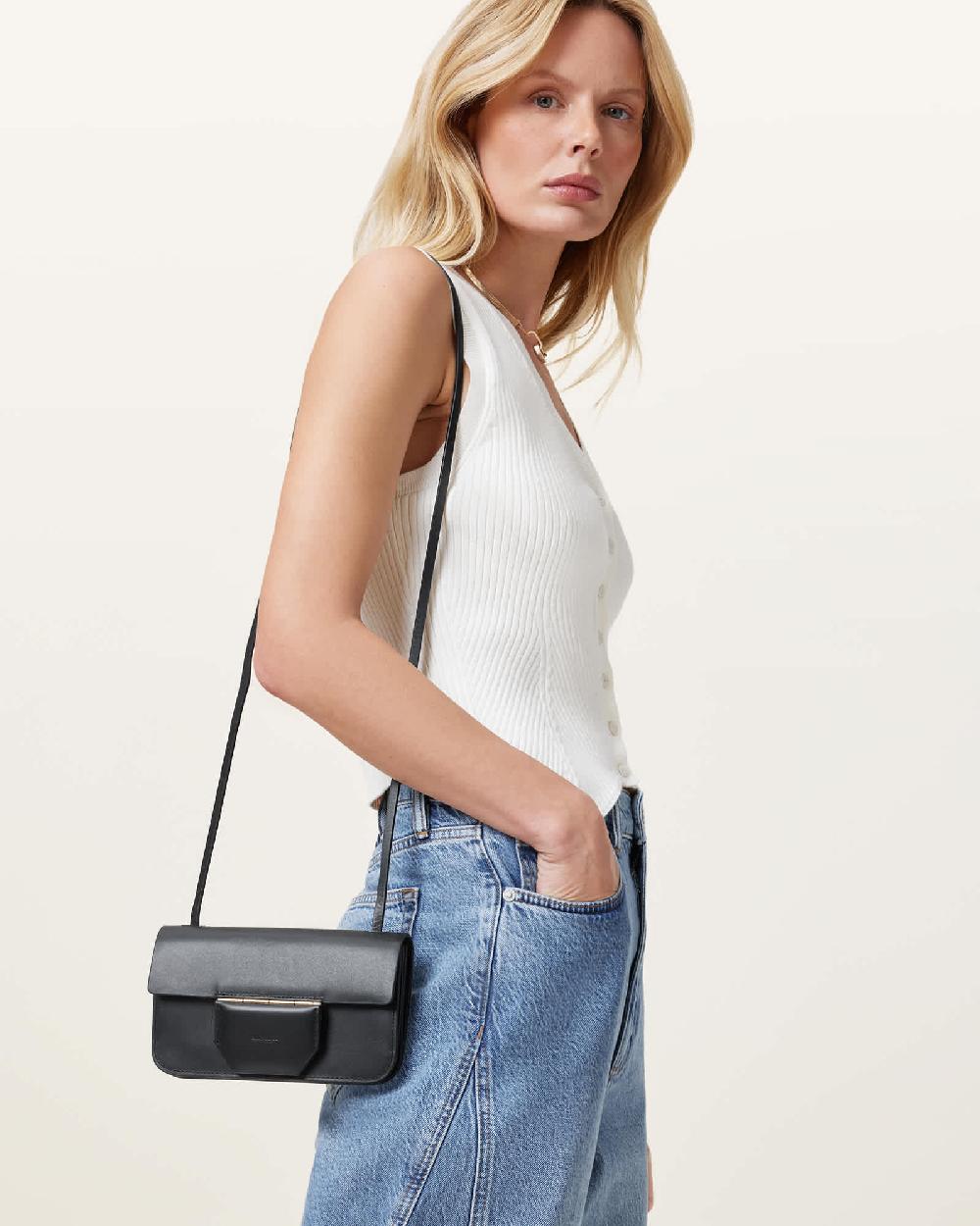 All Saints Ann Leather Crossbody Wallet Bag Black