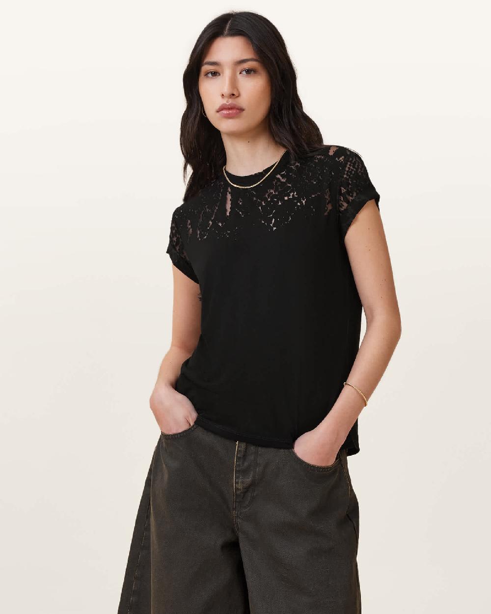 All Saints Anna Snake Print Devore T-Shirt Black