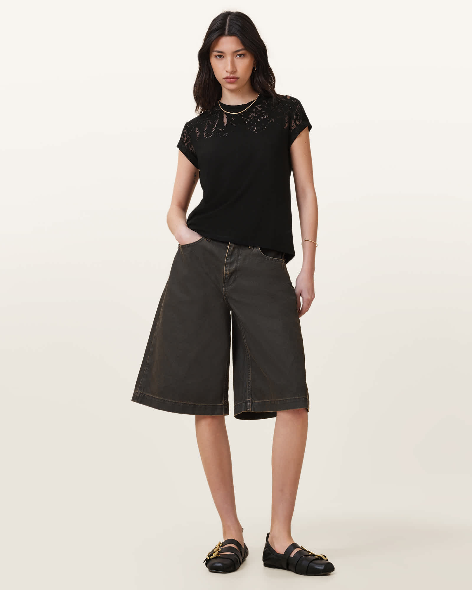 All Saints Anna Snake Print Devore T-Shirt Black