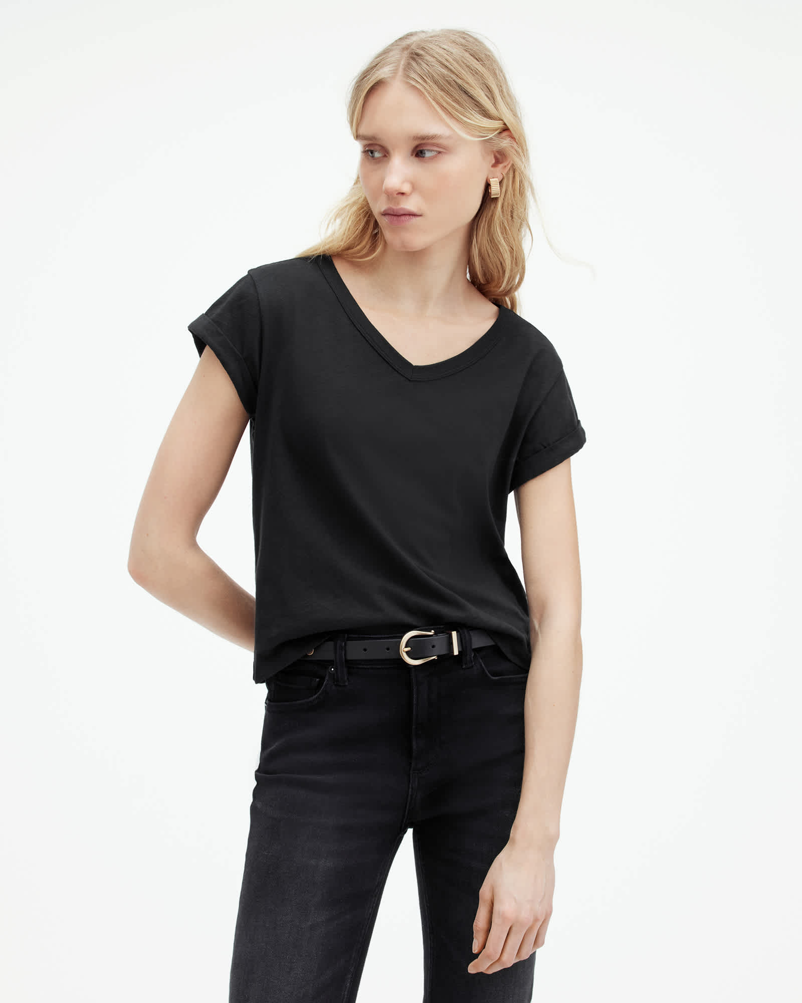 All Saints Anna V Neck Short Sleeve T-Shirt Black