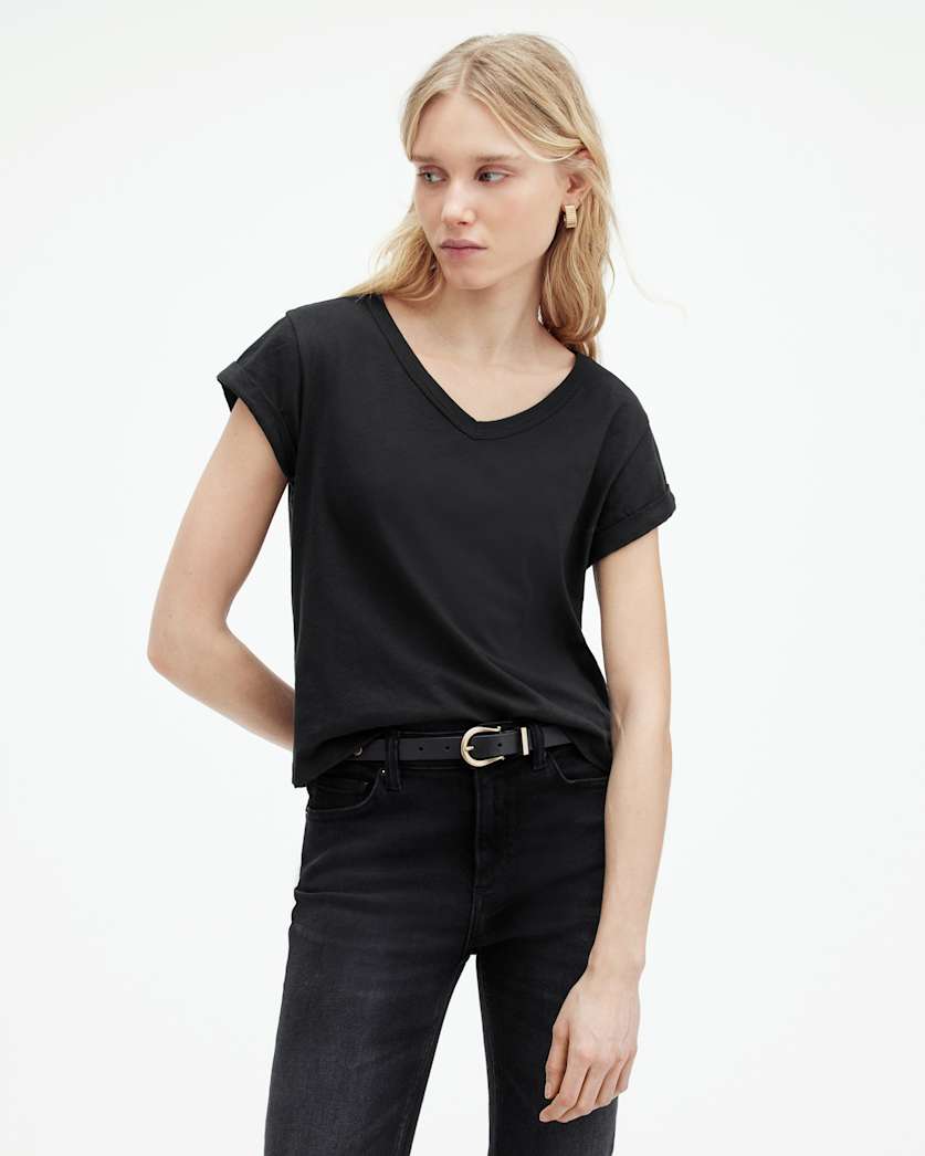 all saints Anna V-Neck Short Sleeve T-Shirt Black