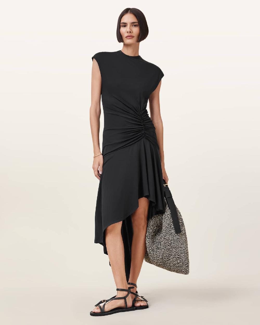 All Saints Annalie Asymmetric Midi Dress Black