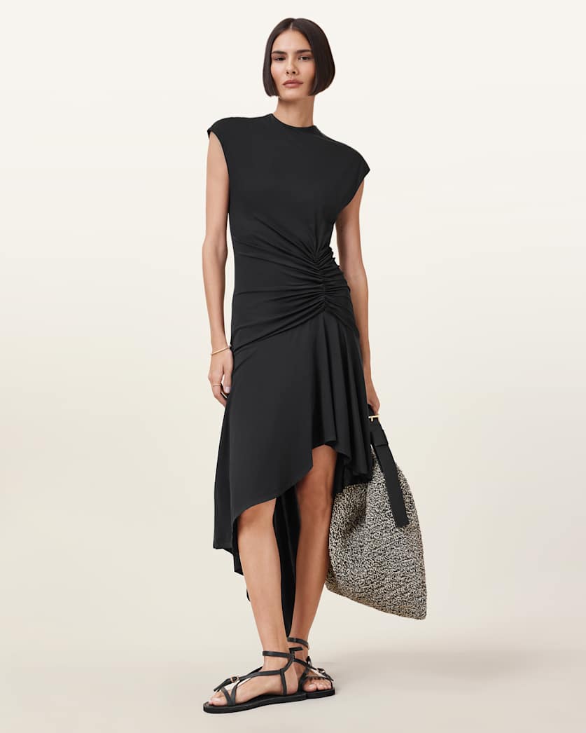 all saints Annalie Asymmetric Midi Dress Black