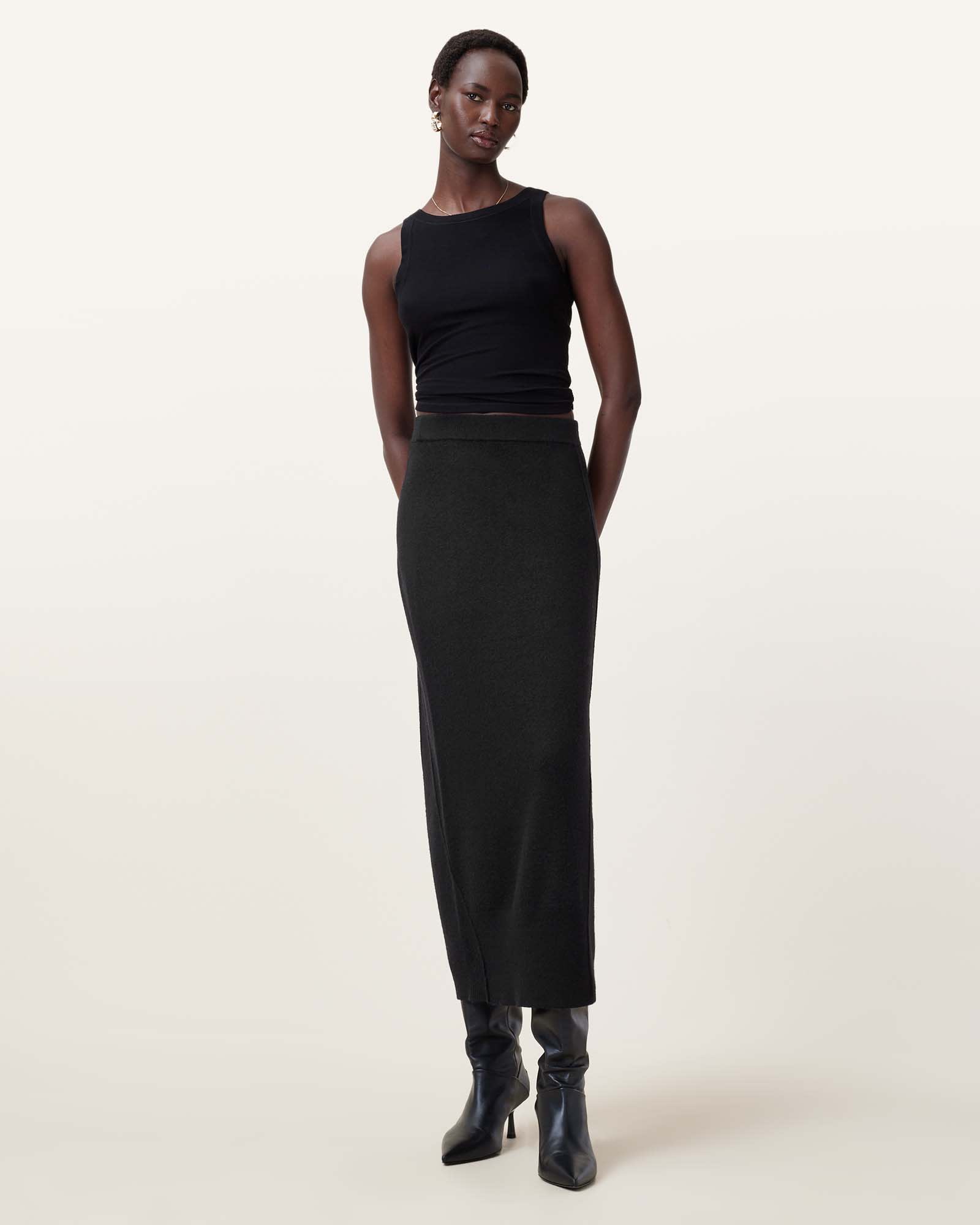 All Saints Antonia Knitted Bodycon Skirt Black