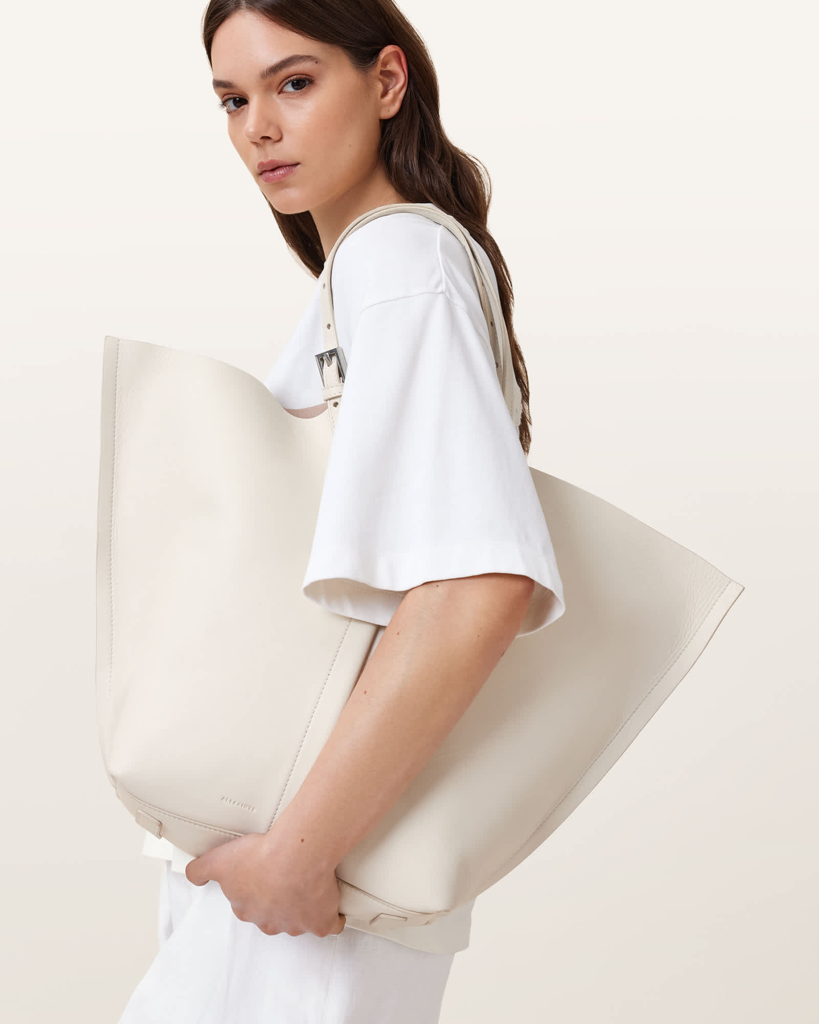 All Saints Ara Leather Tote Bag Birch White