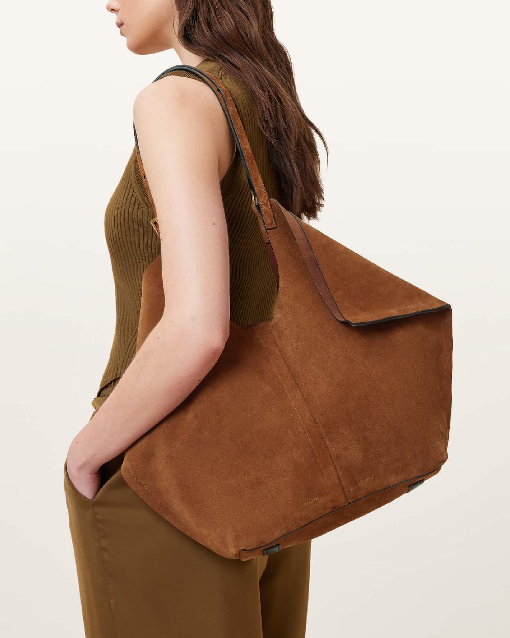 All Saints Ara Suede Tote Bag Cognac Brown