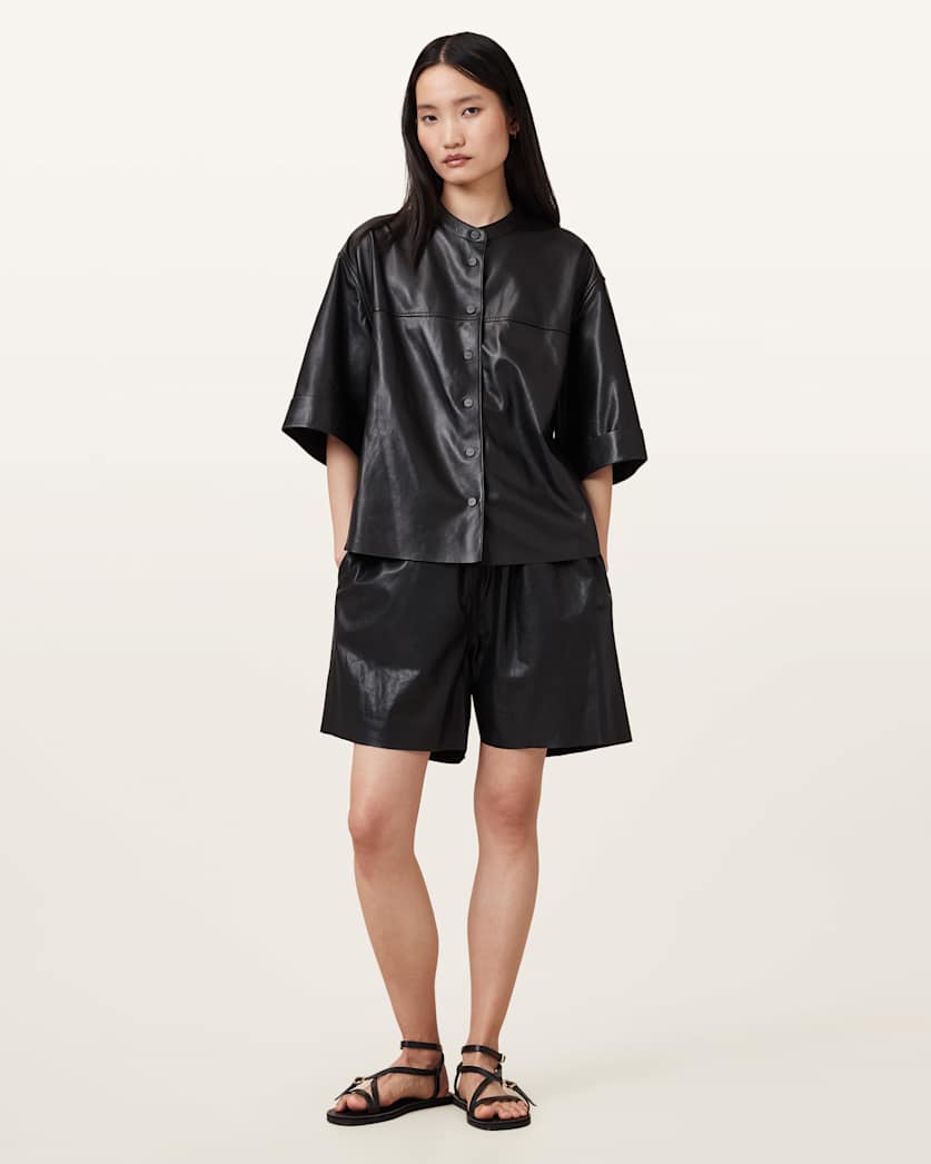 all saints Arla Lea Leather Shorts Black
