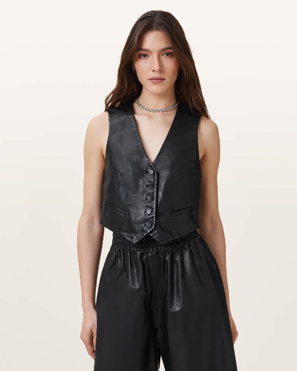 All Saints Arla Lea Leather Vest Black